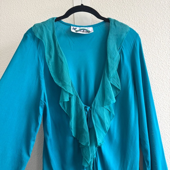 Rainbow Jo Blue Open Front Rayon Silk Bell Sleeve Blouse Ruffle Collar Boho - Picture 5 of 10